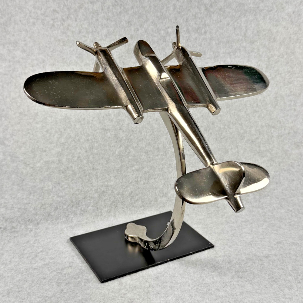 Vintage Style Polished Aluminum Twin Engine Airplane Desk Sculpture Base